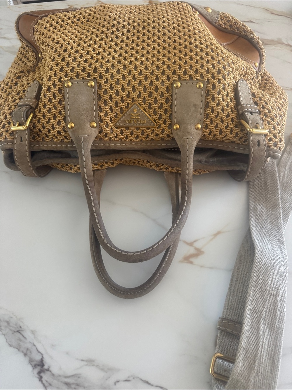 Prada Yellow Crochet Shoulder Bag with Taupe Leather Trim and shopping bag - Picture 5 of 16